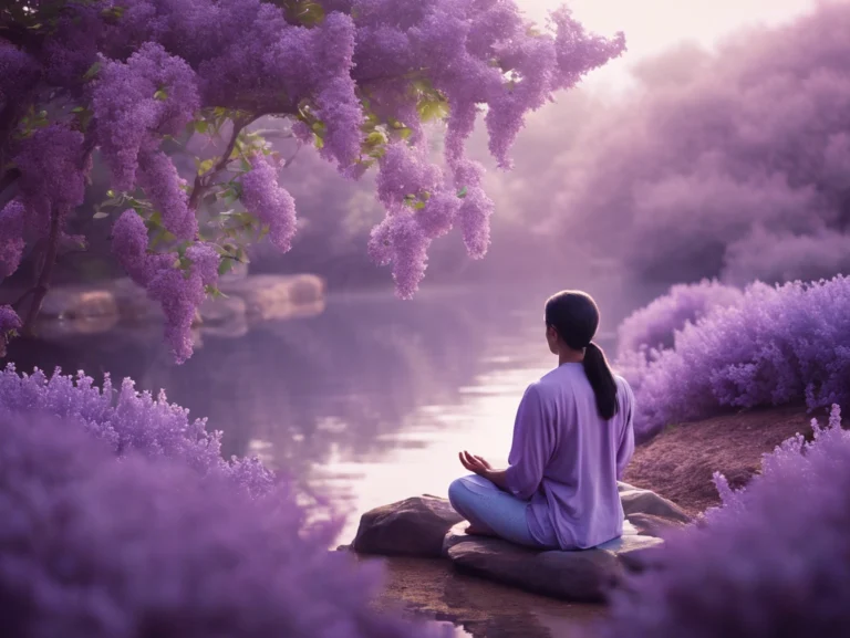 Persona de cabello largo y ropa morada meditando junto a un río, está rodeada de árboles y plantas con flores moradas.