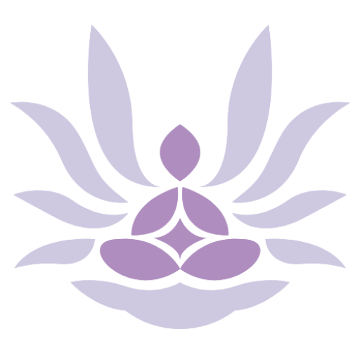 Logo de armonía natural. Es una silueta morada de persona en posición de loto con un adorno morado alrededor.